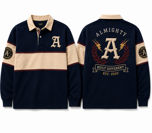 Almighty Crest Rugby Shirt – Navy/Cream.